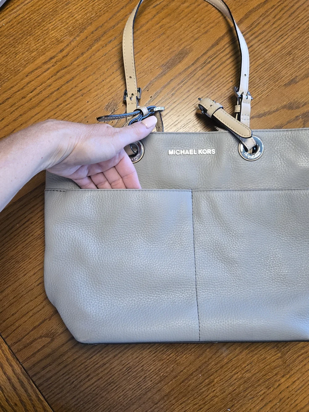 Michael Kors Pebbled Leather Tote in Light Gray with Beige Straps